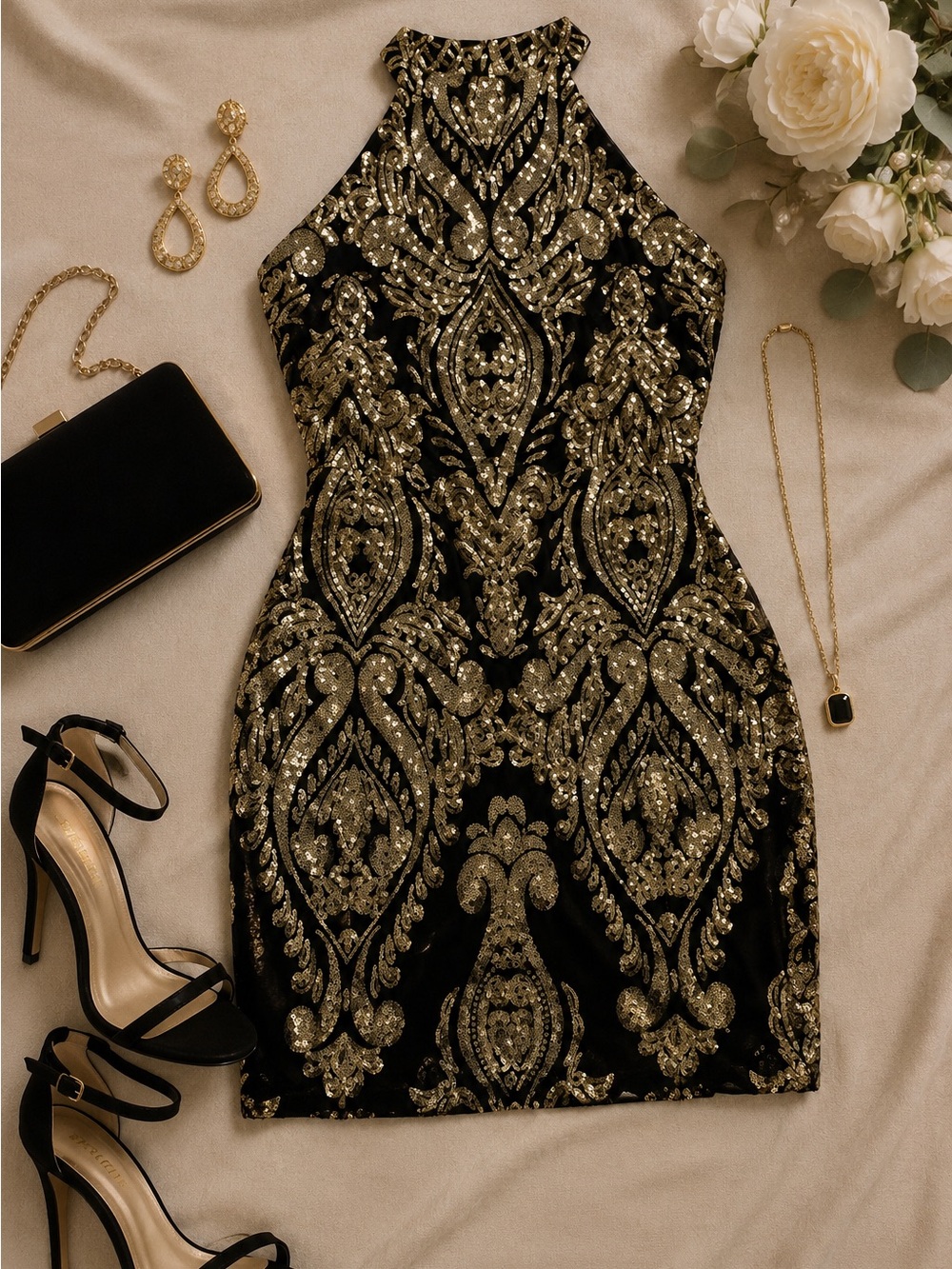 Black Gold Sequin Halter Bodycon Cocktail Mini Dress Glam Evening Party